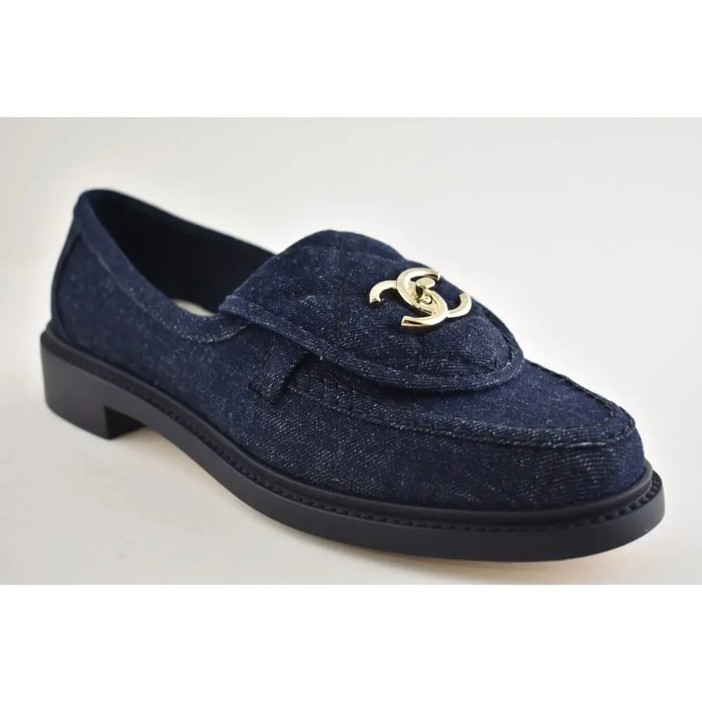 Chanel 24S Dark Blue Denim Quilted Turnlock CC Logo Moccasin Flat Loafer 38c